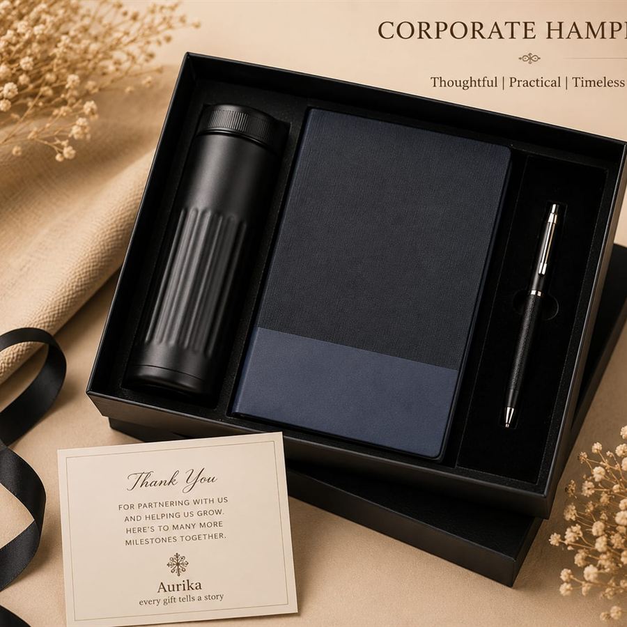 Black corporate hamper with an insulated flask, navy notebook and pen
