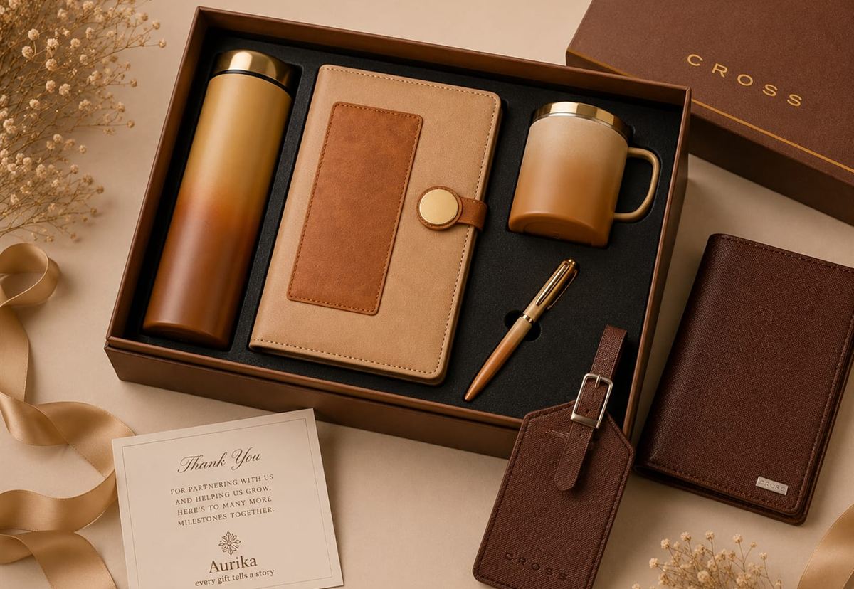 Tan leather corporate gift set with insulated flask, notebook, pen, mug, wallet and luggage tag