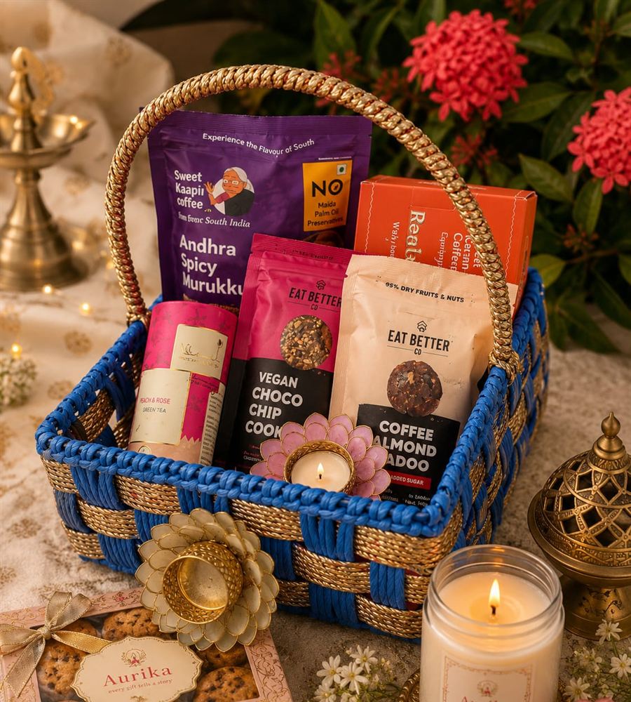 Woven blue and gold Diwali hamper with South Indian snacks, filter coffee, laddoos and a lit diya