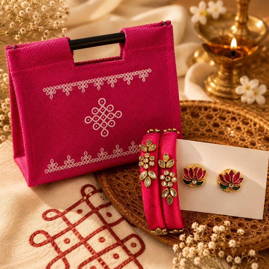Pink kolam-printed jute bag with kundan silk bangles and lotus stud earrings