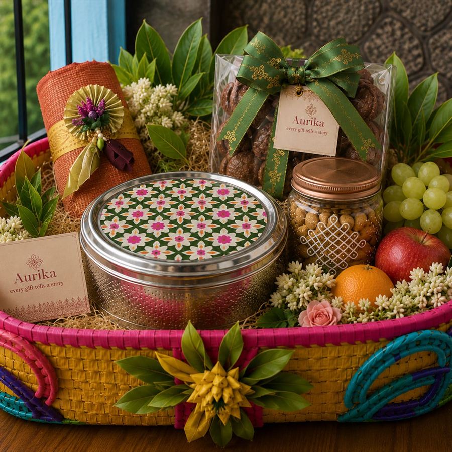 Colourful woven Varalakshmi basket with a silk saree roll, sweet tin, laddoos and fresh fruit