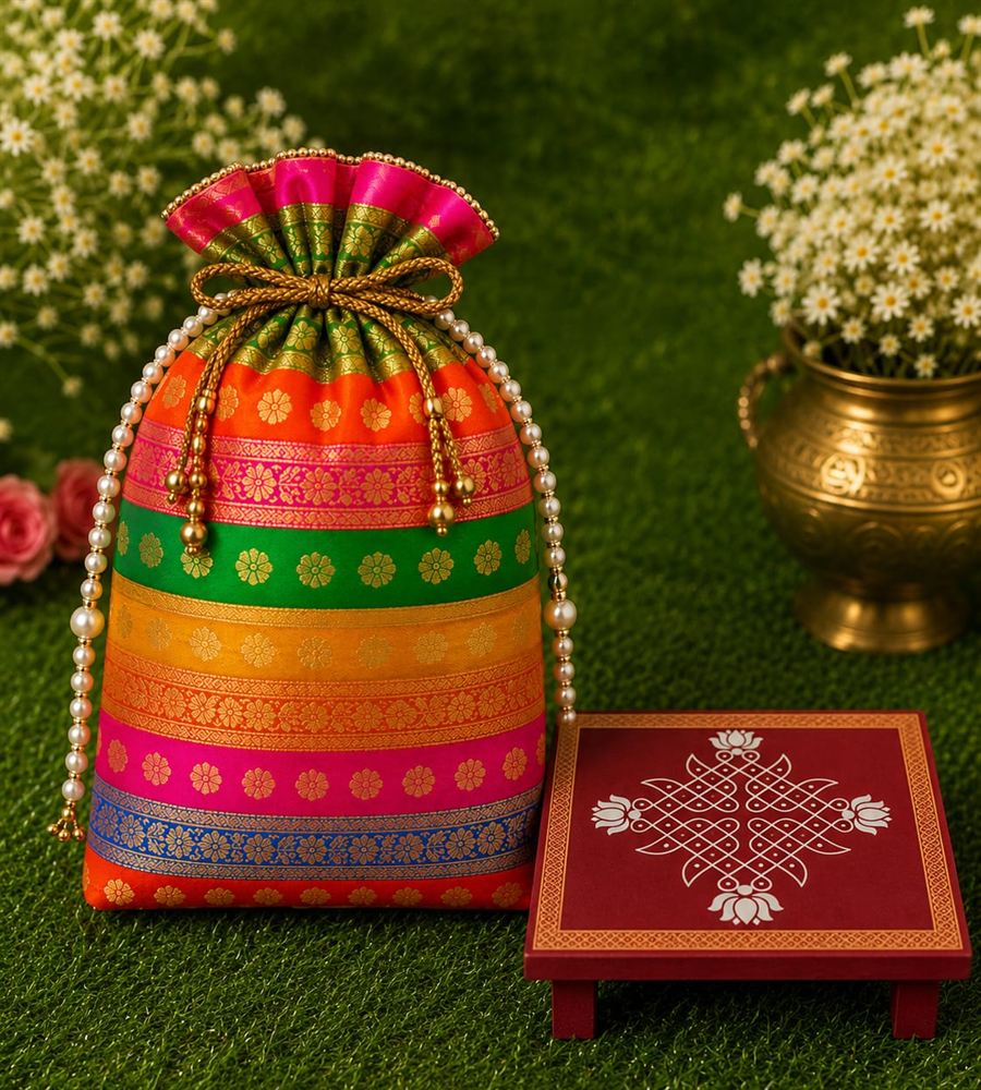 Silk brocade potli bag with pearl handle beside a red wooden manai painted with a white kolam