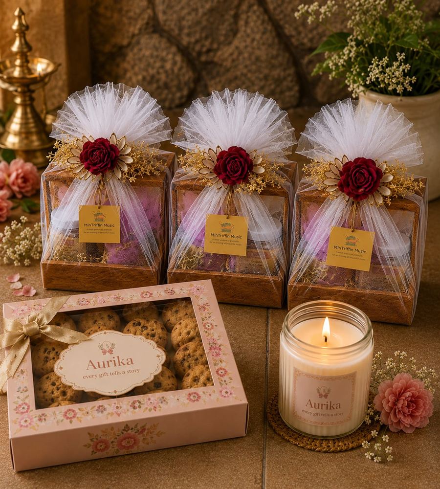 Three tulle-wrapped wedding return gift boxes with rose and gold toppers, beside an Aurika cookie box and candle
